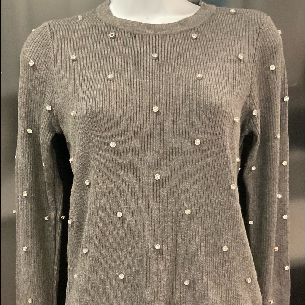 ELLA RAFAELLA Gray Ribbed Long Sleeve Sparkly Studded Viscose Blend Sweater Sz S